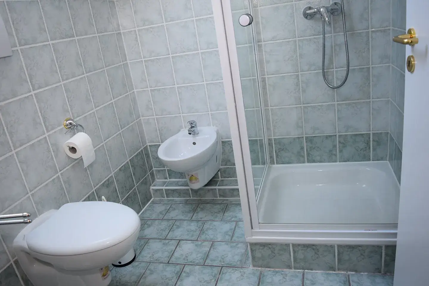 Blick in ein Badezimmer mit Duschkabine, WC und Bidet