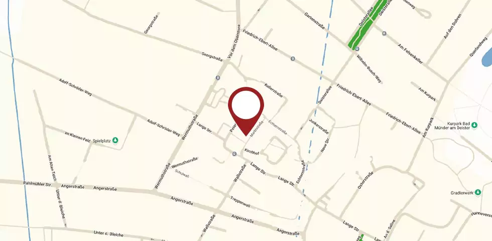 Ausschnitt eines Stadtplans von Bad Münder mit Pin auf dem Standort der Trattoria Al Barese in der Marktstraße 9 in Bad Münder