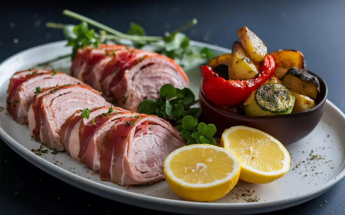 Saltimbocca: Zarte Kalbsschnitzel, umwickelt mit Prosciutto und Salbei mit Zitronenhälften und gegrilltem Gemüse