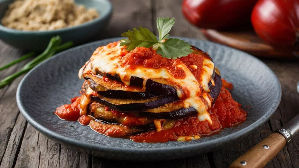 Geschichtete Auberginenscheiben mit Tomatensauce und geschmolzenem Käse, garniert mit Petersilienblatt auf blauem Teller.
