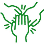 Linienzeichnung von drei Händen, die übereinander aufeinander liegen, mit Strahlen als Akzentuierung.